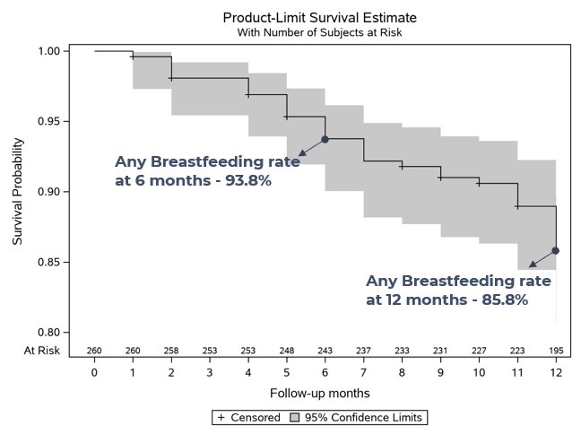 Kaplan-Meier survival curve: any breastfeeding rate 93.8% at 6 months, 85.8% at 12 months
